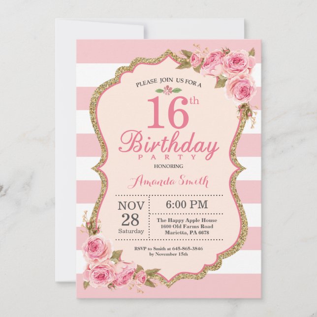 Invitation Floral Pink Peonies 16e anniversaire de fête Invit (Devant)