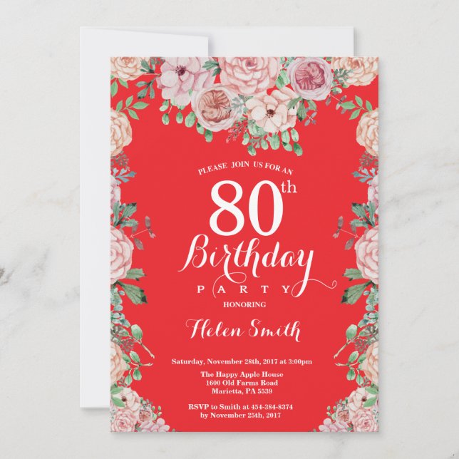 Invitation Floral Pink Peonies 80e Anniversaire Rouge (Devant)