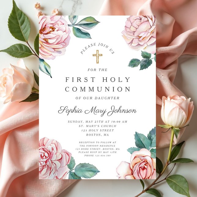 Invitation Floral Pink Peonies Fille Religieux Première Commu (Floral Pink Peonies Girl Religious First Communion Invitation)