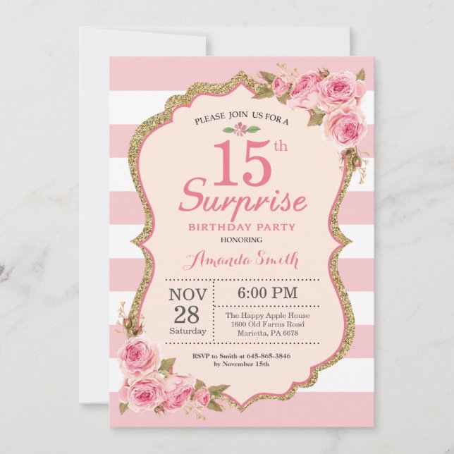 Invitation Floral Pink Peonies Surprise 15e anniversaire (Devant)