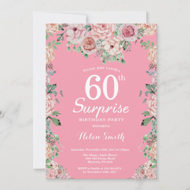 Invitation Floral Pink Peonies Surprise 60e anniversaire (Devant)