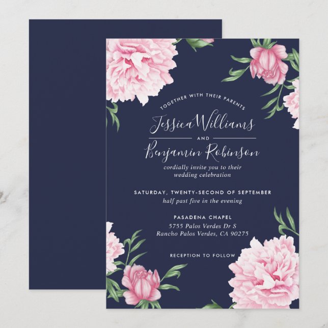 Invitation Floral Pink Peony avec Mariage Arrière - plan de l (Devant / Derrière)