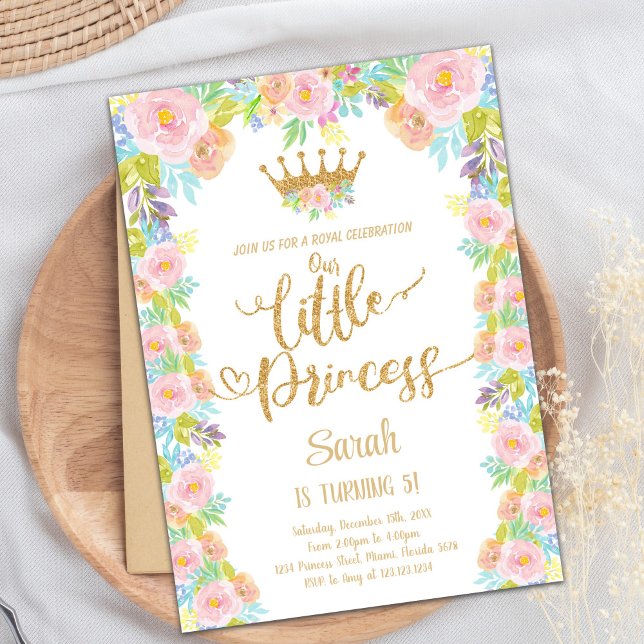 Invitation Floral Pink Royal Party Thème pour les filles (Glitter Crown Floral Princess Birthday Invitation)