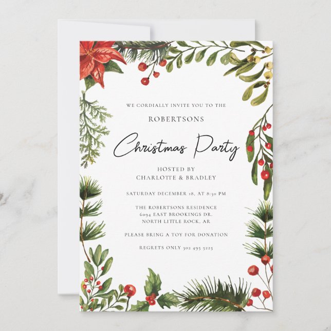 Invitation Floral Poinsettia Script de verdure fête de Noël (Devant)