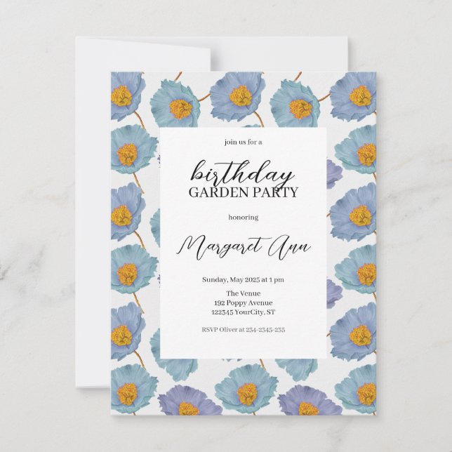 Invitation Floral Poppy bleu moderne Anniversaire Jardin (Devant)