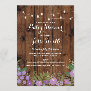 Invitation floral pourpre en bois rustique de