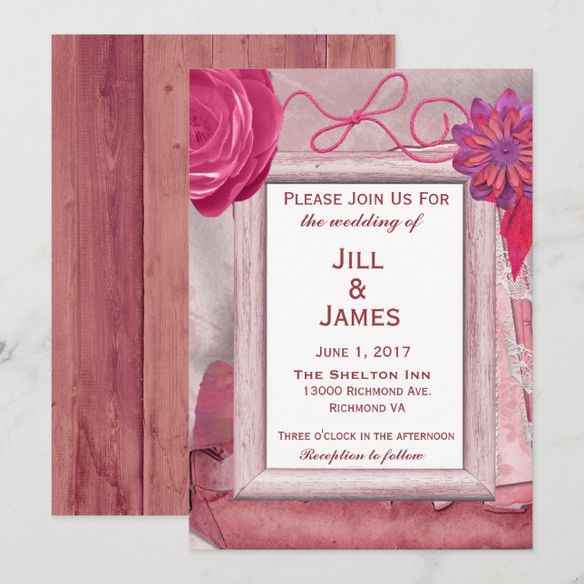 Invitation Floral pourpre et Mariage de bois (Devant / Derrière)
