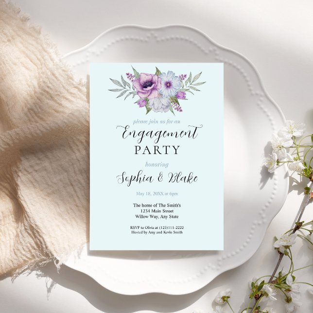 Invitation Floral pourpre et vert | Blue Engagement Party (Créateur téléchargé)