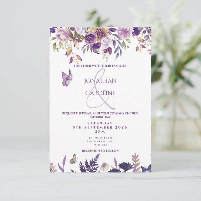 Invitation Floral pourpre/Faire-part de mariage papillon (Debout devant)