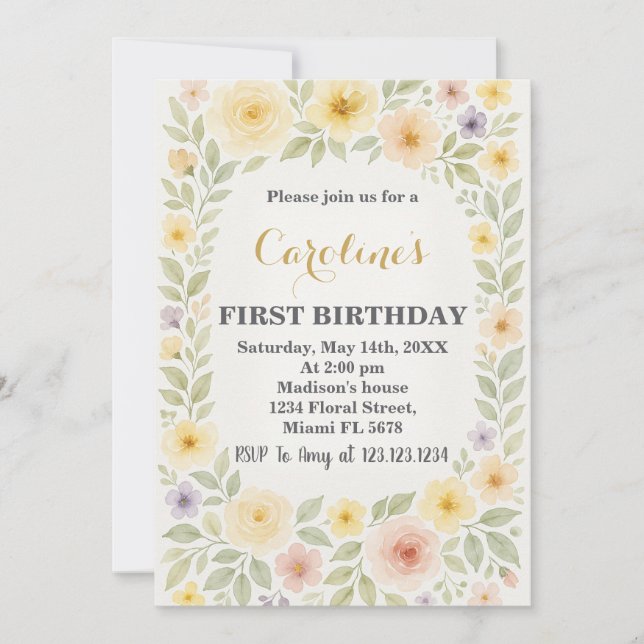 Invitation Floral Premier anniversaire (Devant)
