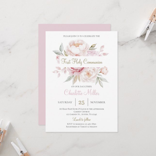 Invitation Floral Première Sainte Communion pour fille (Devant/Arrière en situation)