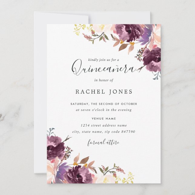 Invitation Floral Purple Aquarelle Quinceanera (Devant)
