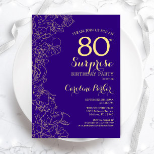 Invitation Floral Purple Gold Surprise 80e fête d'anniversair
