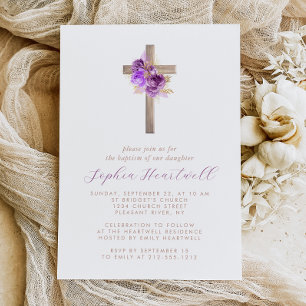 Invitation Floral Purple Or Roses Croix Fille Baptême