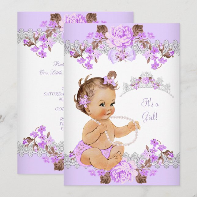 Invitation Floral Purple Princesse Baby shower Brunette Girl (Devant / Derrière)