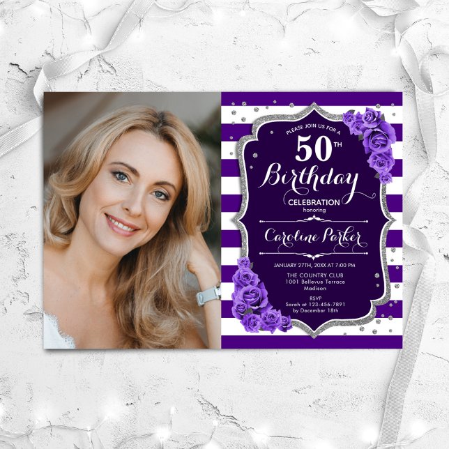 Invitation Floral Purple Silver Photo 50e anniversaire (Créateur téléchargé)