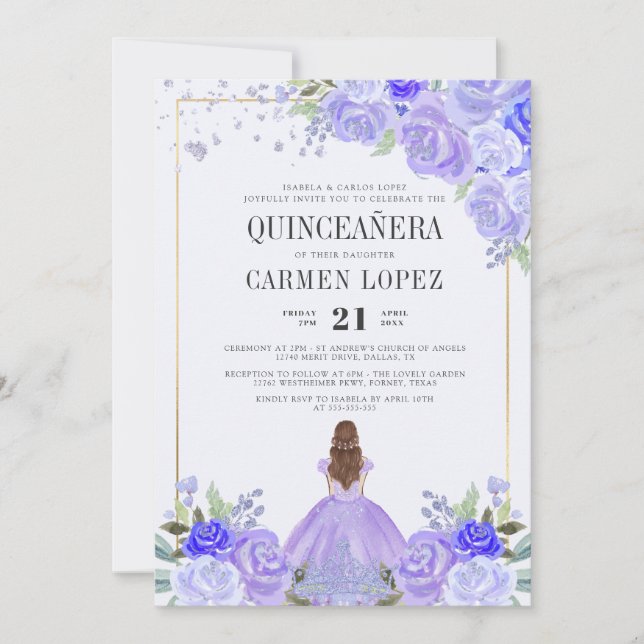 Invitation Floral Purple & Silver Princesse Tiara Quinceañera (Devant)