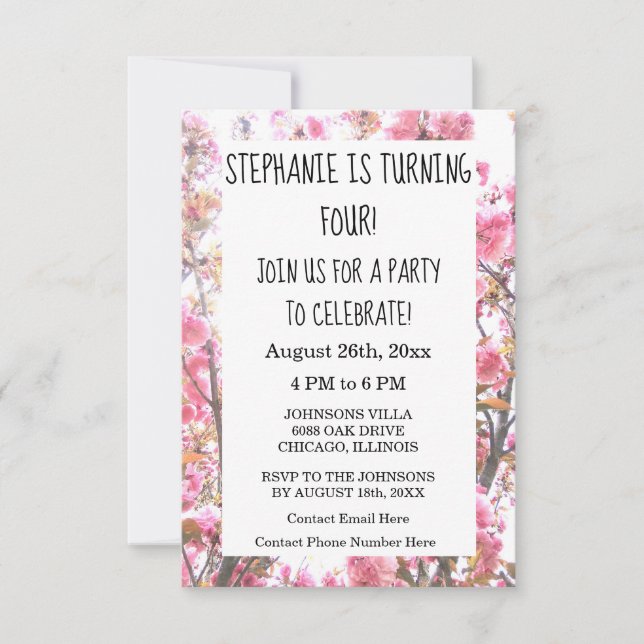 Invitation Floral Quatrième fête d'anniversaire Fleur de ceri (Devant)