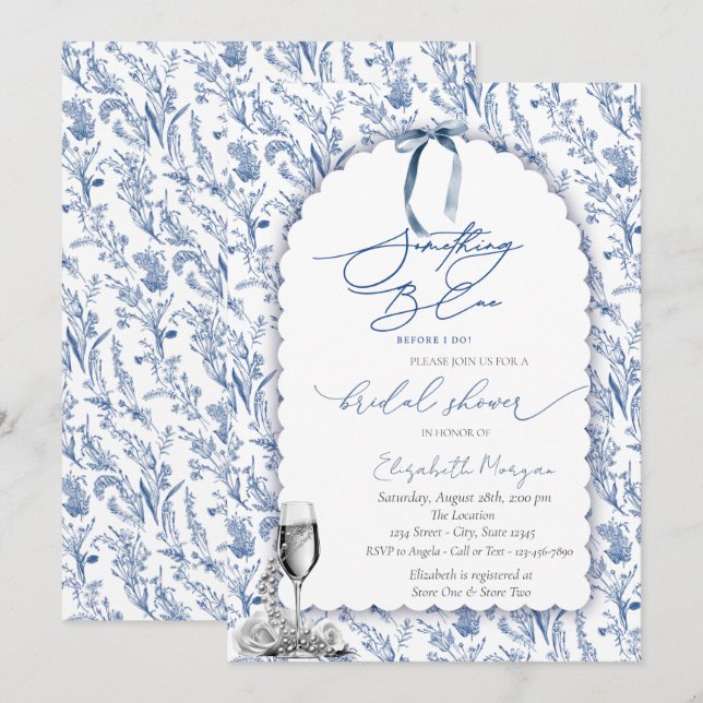 Invitation Floral Quelque Chose Blue Bow perles en verre (Devant / Derrière)
