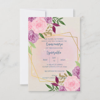 Invitation Floral Quinceañera, Anniversaire, Mariage, Baby sh