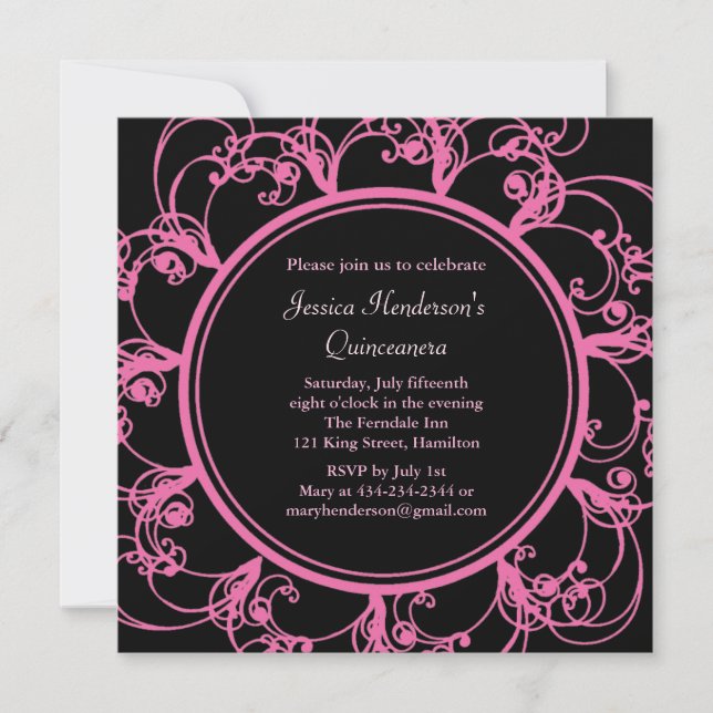 Invitation floral raffiné de Quinceanera (noir) (Devant)