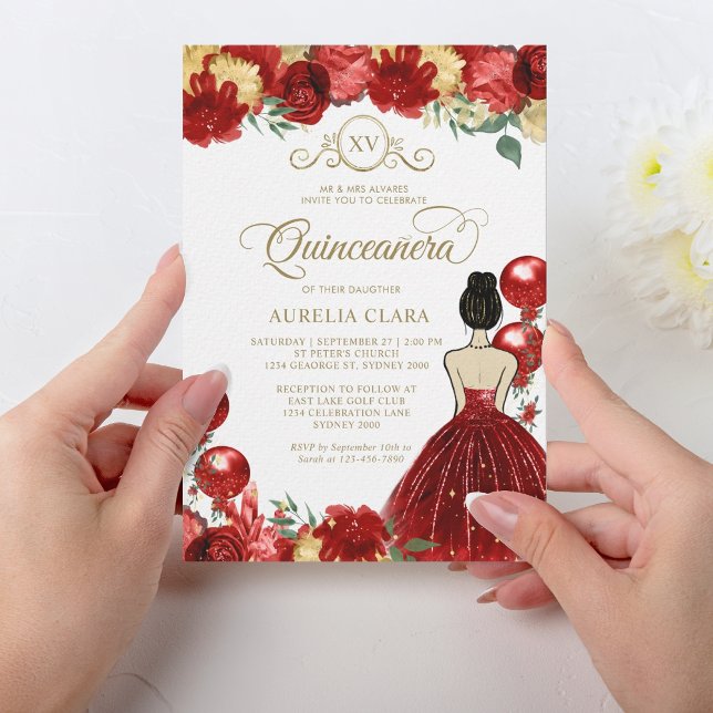 Invitation Floral Red Gold Princess XV Quinceañera Anniversai (Créateur téléchargé)