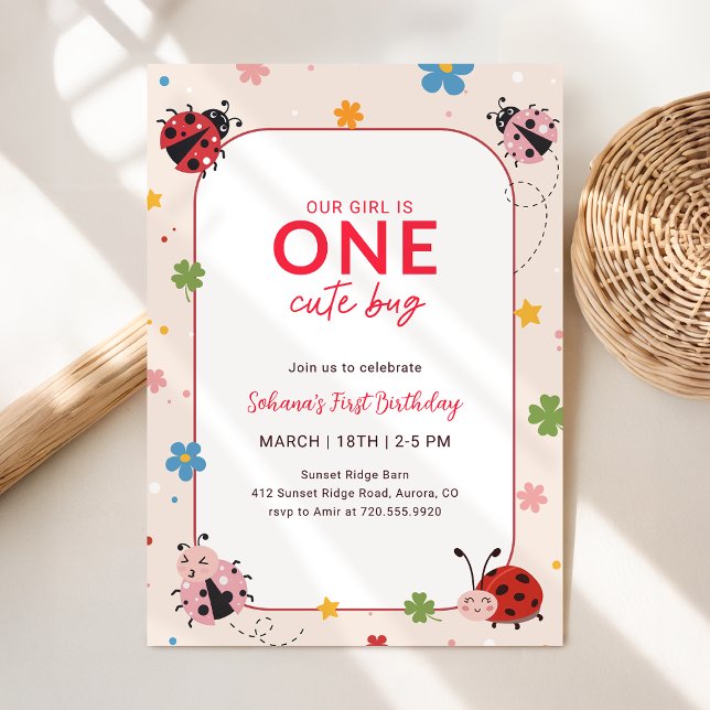Invitation Floral Red Pink One Cute Bug Ladybug 1st Birthday (Créateur téléchargé)