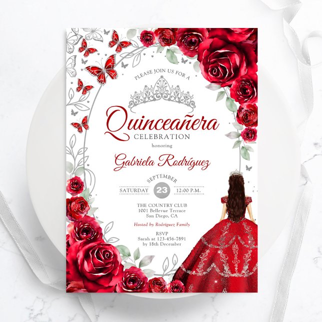 Invitation Floral Red Silver Quinceanera (Créateur téléchargé)