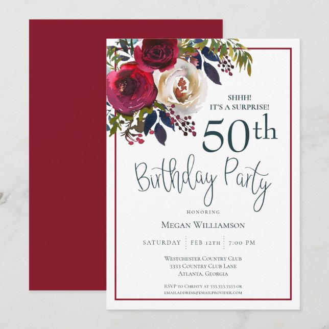 Invitation Floral Red Surprise 50e anniversaire (Devant / Derrière)