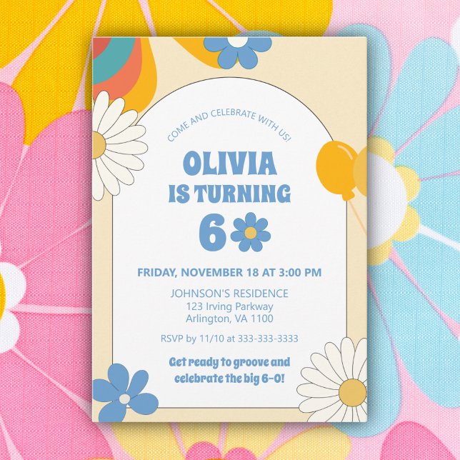 Invitation Floral Retro Vinyl 60e 70e Anniversaire adulte Sup (Créateur téléchargé)