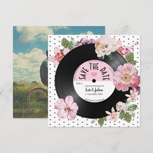 Invitation Floral retro vinyle Enregistrer photo Enregistrer  (Devant / Derrière)