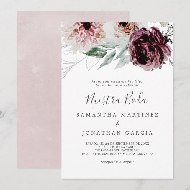 Invitation Floral Romance Espagnol Nuestra Boda (Devant / Derrière)