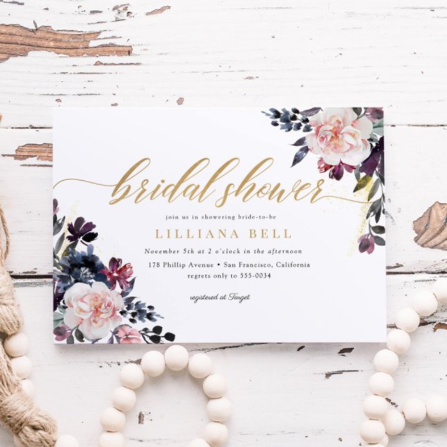 Invitation Floral Romantic Gold Élégante Fête des mariées Scr (Créateur téléchargé)