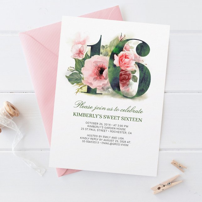 Invitation Floral rose 16 | Sweet sixteen fête d'anniversaire (Créateur téléchargé)