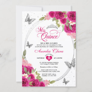 Invitation Floral rose Argent Tiara Papillon Mis Quinceañera