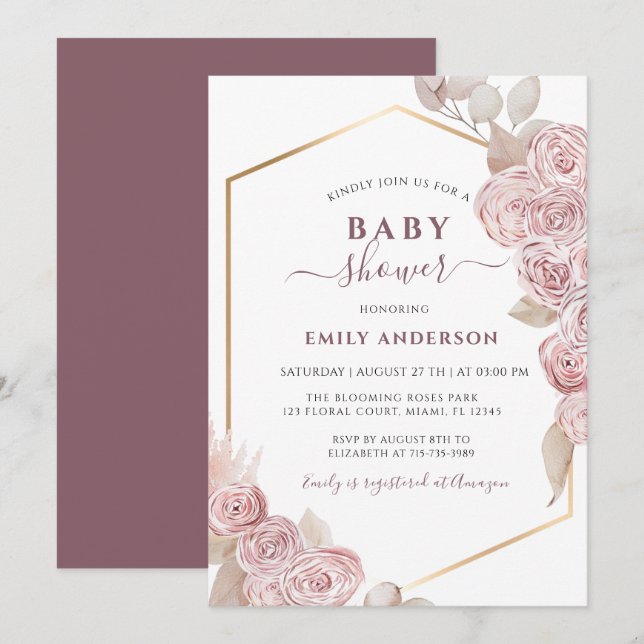 Invitation  Floral rose baby shower et or  (Devant / Derrière)