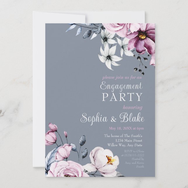 Invitation Floral rose, blanc et bleu | Gray Engagement Party (Devant)