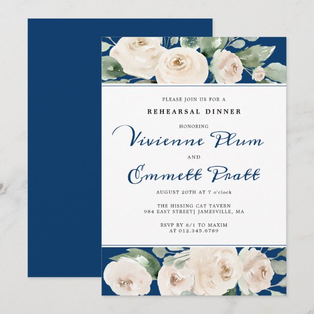 Invitation Floral Rose blanche sur le dîner de répétition ble (Devant / Derrière)