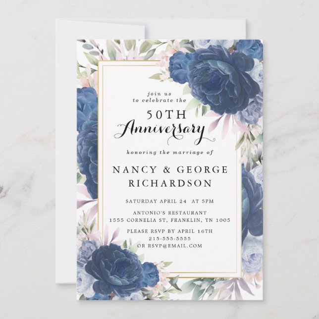 Invitation Floral Rose bleu 50e anniversaire de Mariage (Devant)