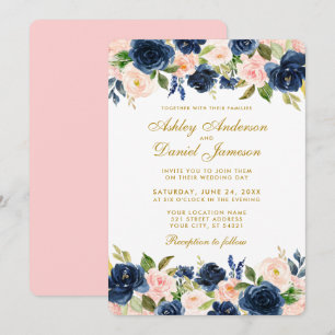 Invitation Floral rose Bleu Bleu Élégant Mariage Or R