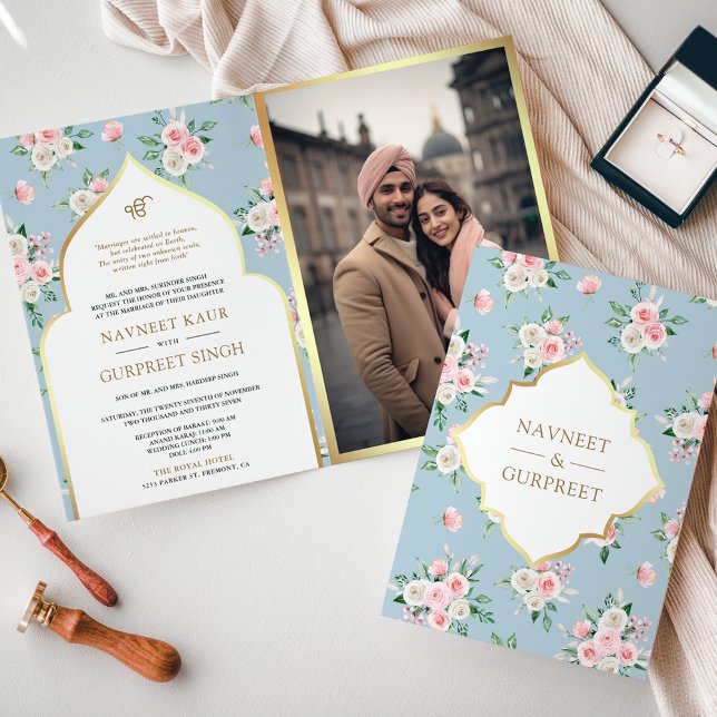 Invitation Floral rose bleu tout en un Anand Karaj Mariage (Créateur téléchargé)