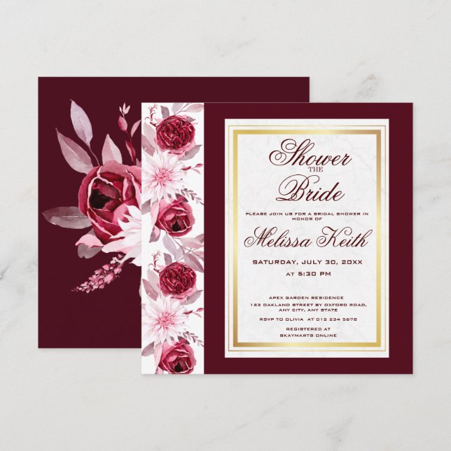 Invitation Floral rose Bourgogne Script Fête des mariées Carr (Devant / Derrière)