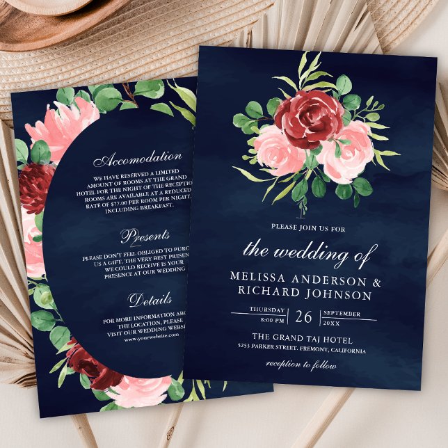 Invitation Floral rose Bourgogne tout en un Mariage de marine (Créateur téléchargé)