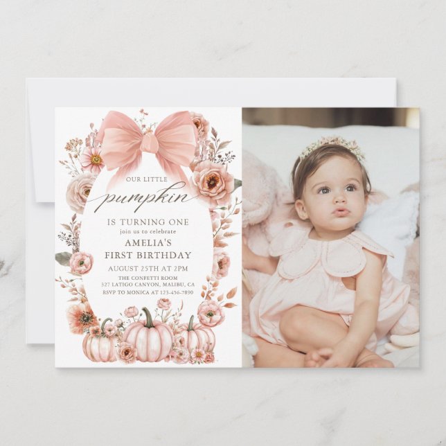 Invitation Floral rose Bow Petit Citrouille Photo Anniversair (Devant)