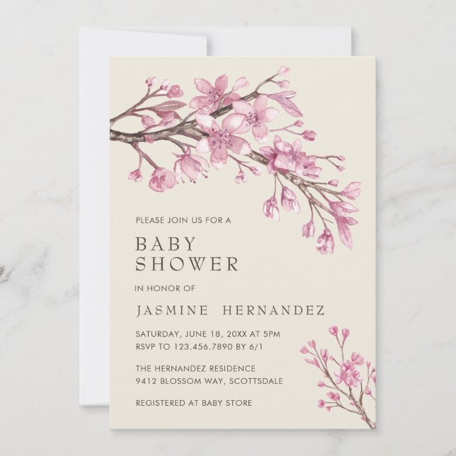 Invitation Floral rose cerisier Fleur Baby shower fille (Devant)