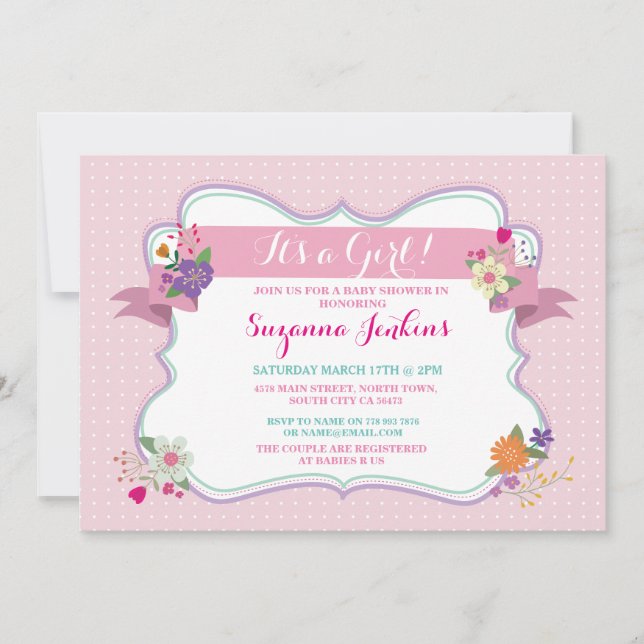 Invitation Floral rose C'est une fille / Twins Baby shower In (Devant)