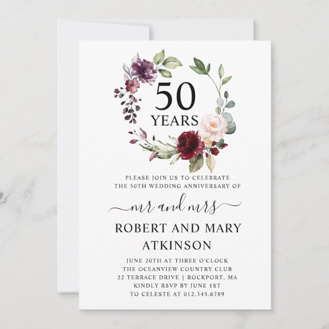 Invitation Floral rose de Bourgogne 50e anniversaire de Maria (Devant)
