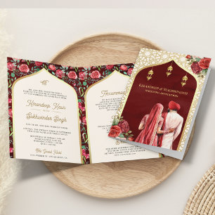 Invitation Floral Rose d'or rouge tout en un Mariage sikh