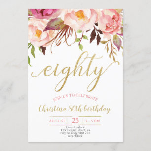 Invitation Floral rose élégante 80e anniversaire femmes