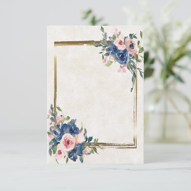 Invitation Floral rose et bleu vierge avec cadre or (Debout devant)